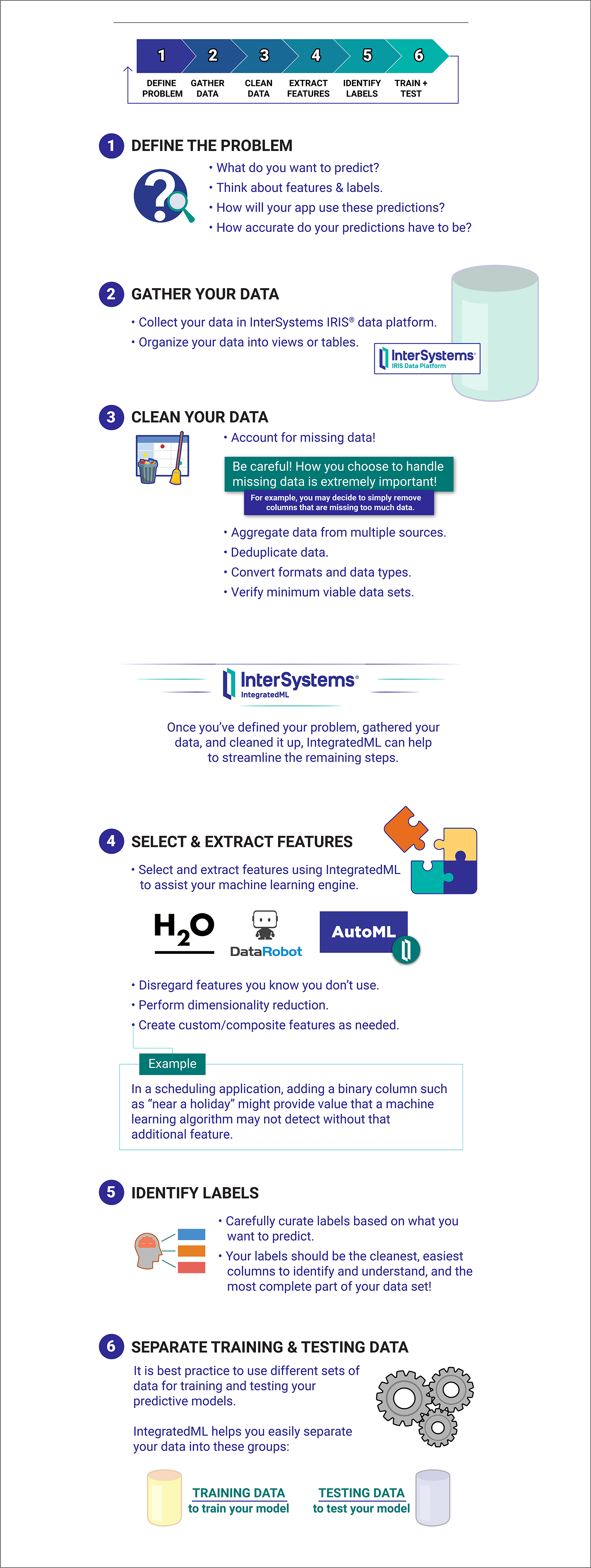 Infographic describing the six steps to prepare your data for machine learning.