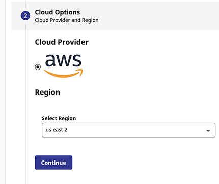 AWS is selected as the cloud provider, and us-east-2 as the region.
