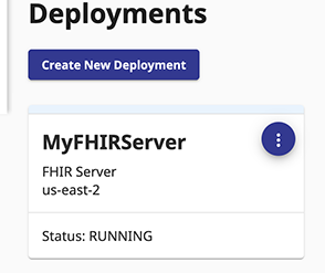 A card showing the name MyFHIRServer in the us-east-2 region has a status of RUNNING.