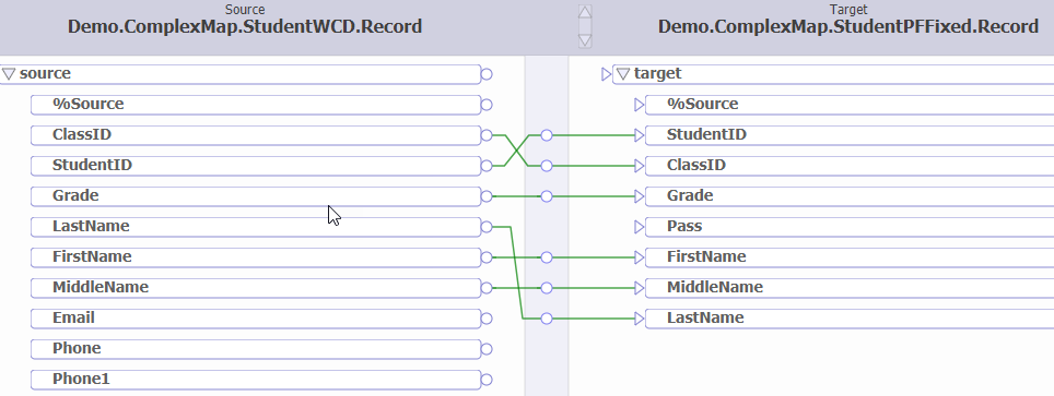 DTL editor with source properties connected to target properties