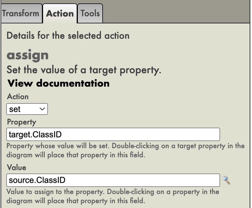 The Action tab shows the Property and Value settings for a Set action.