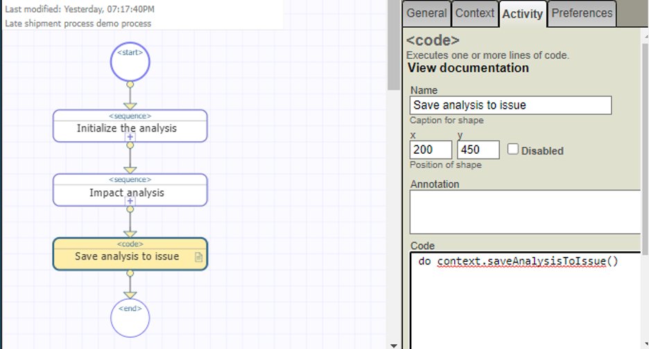 Top level business process diagram with a code activity selected.