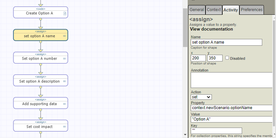 Business process diagram with a code activity and multiple assign activities.