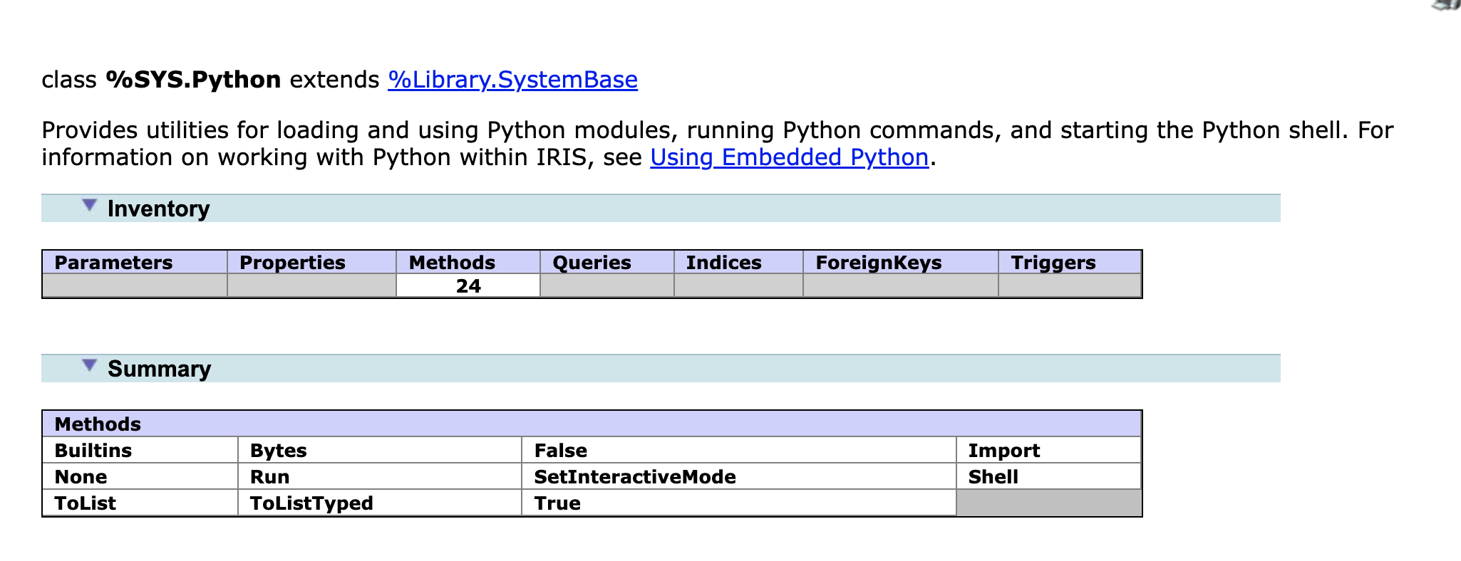 Class reference for %SYS.Python