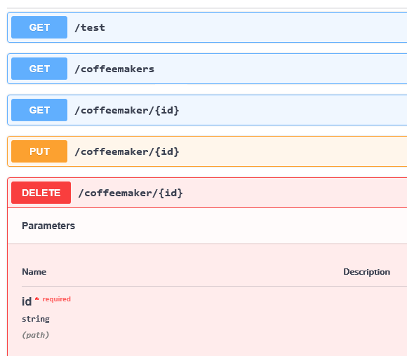 Swagger editor displaying methods for coffee maker samples including GET, PUT, and DELETE
