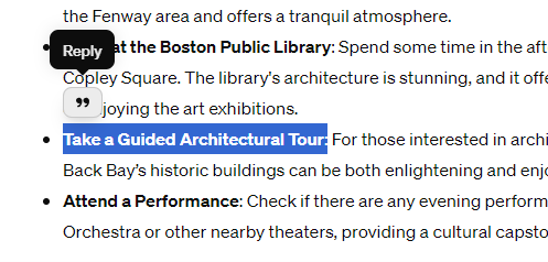 One suggestion for a tour is highlighted, and an option to reply appears.