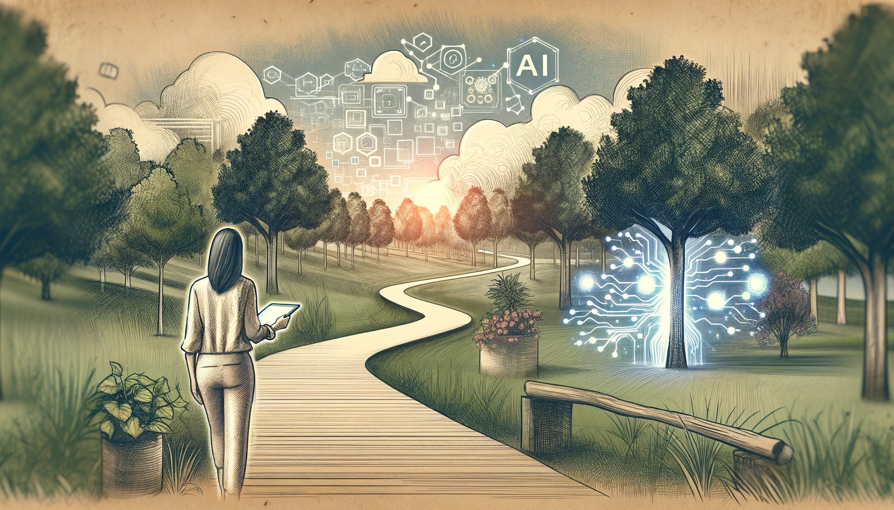 auto-generated image of a woman walking along a path surrounded by trees, holding an electronic device. Trees and clouds have circuit patterns.