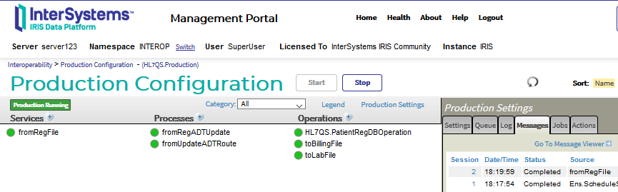 Production configuration screen for HL7 application. Left to right: services, processes, operations.