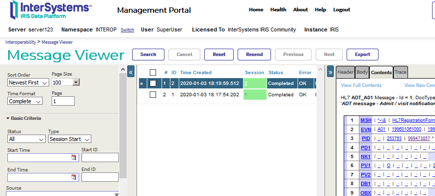 Message Viewer for HL7 application. A message is selected and Contents pane open.